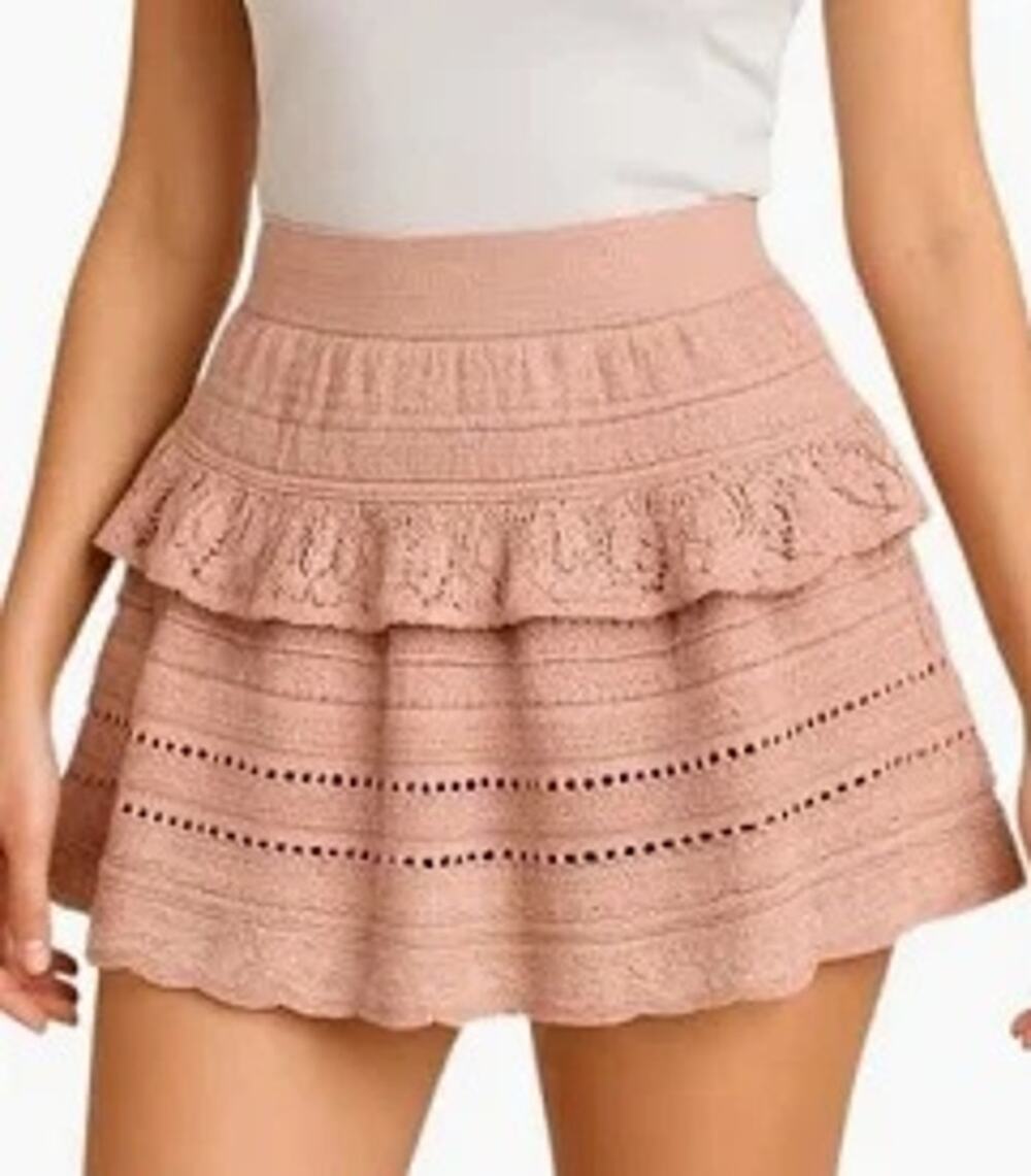 NWT Aerie Crochet Boho Mini Skirt Ruffle Soft Pink Lace Tiered Womens Large